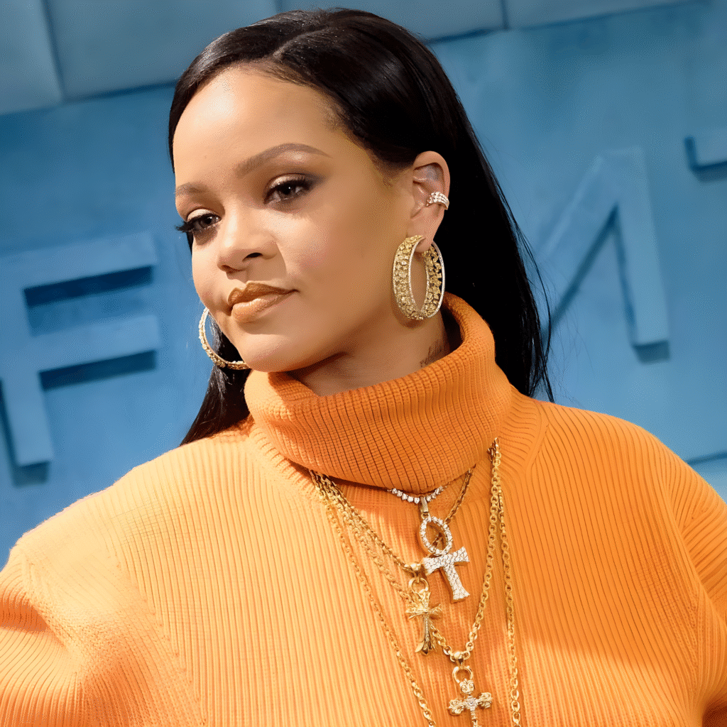 Rihanna Ear Piercings close-up showing a delicate tragus stud